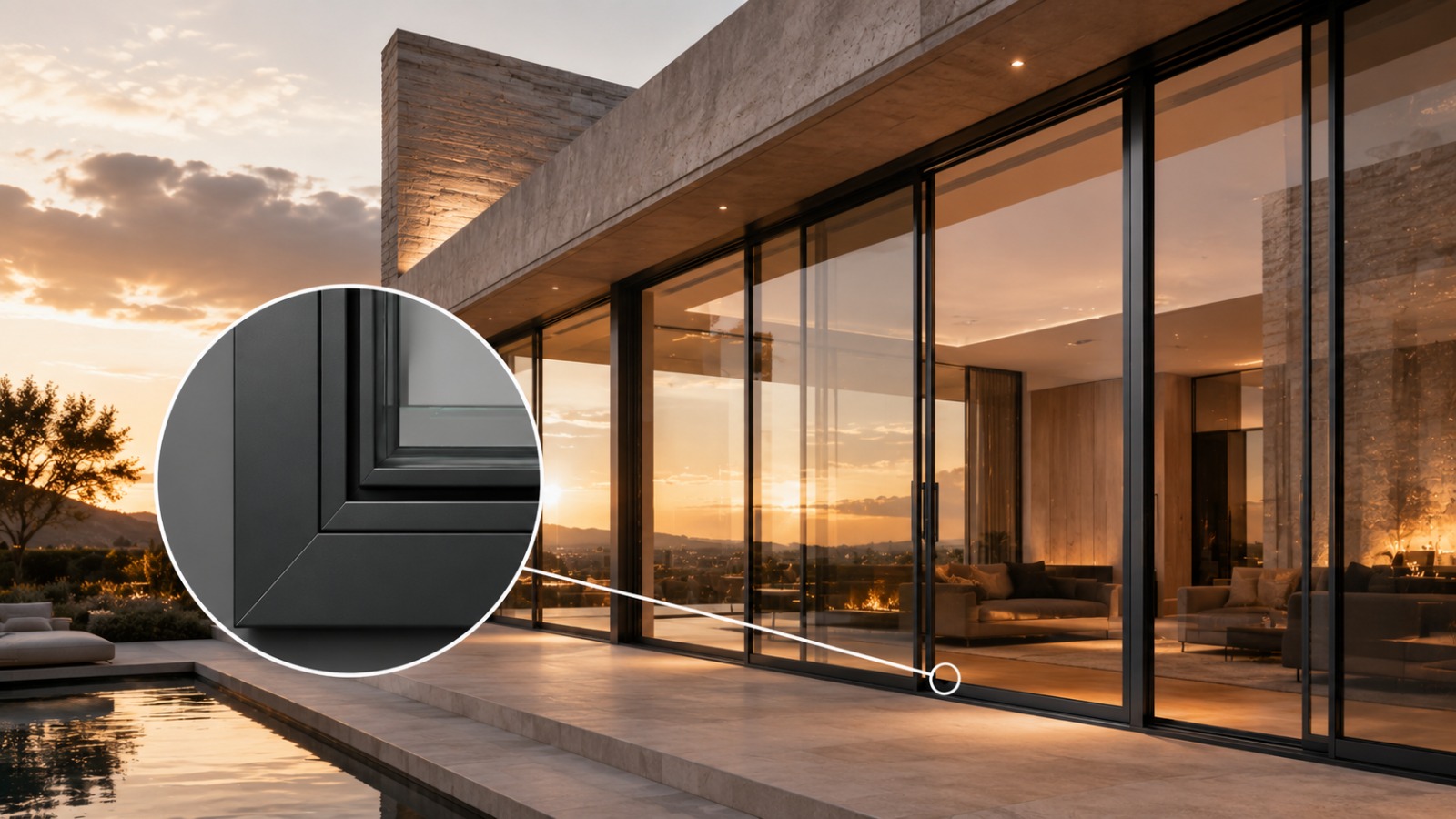 Slim black aluminium sliding doors framing a poolside sunset view