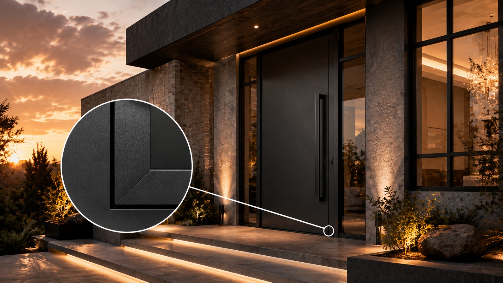 Matte black steel pivot entry door of a luxury home at dusk