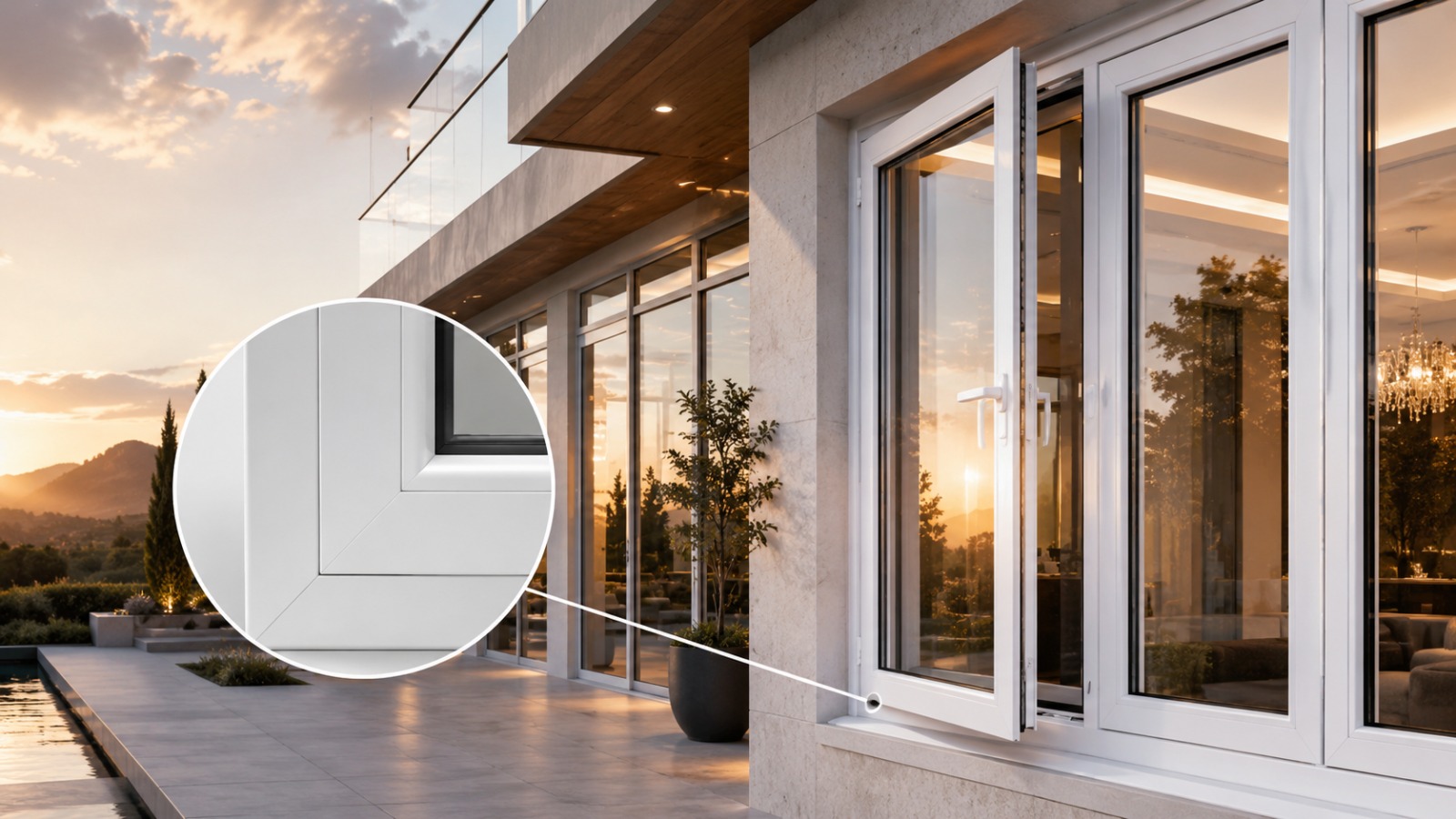 White uPVC casement window on a modern villa at sunset with corner joint detail