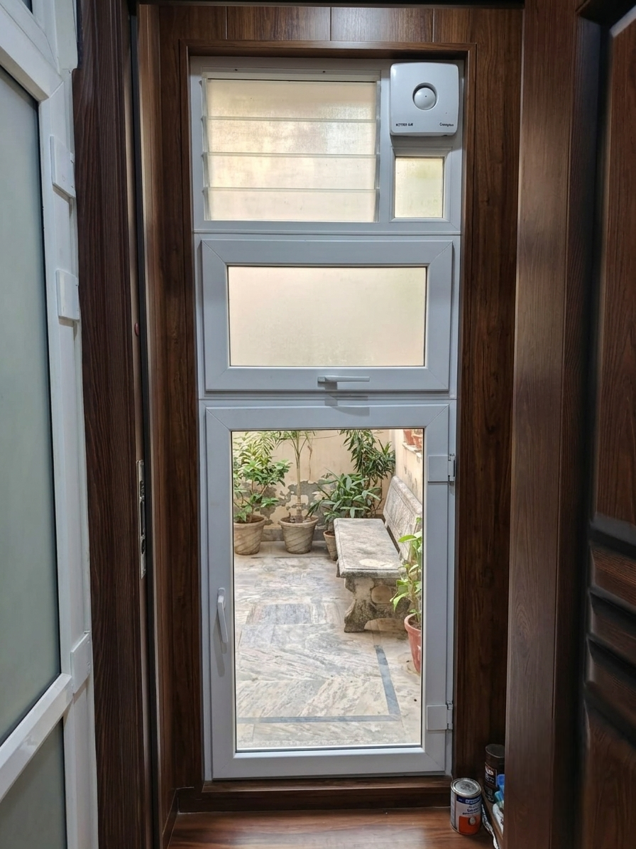 Premium uPVC door displayed in the NICWIN Experience Center.